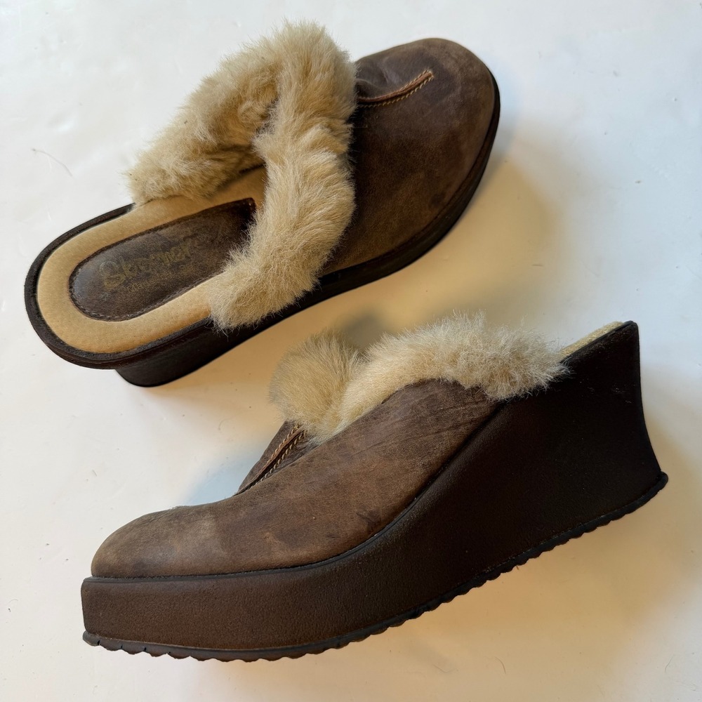 Skechers Vintage Y2K Brown Leather Suede Fur Clog Wedges Platform Mules 10 USA